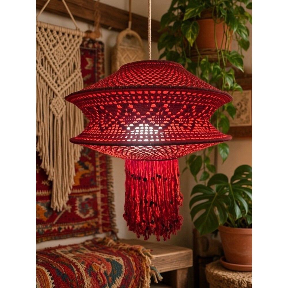 Motini Red Macrame Hanging Lamp Shade Bohemian Boho